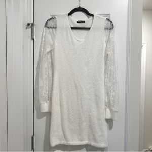 White Sweater Dress with Lace Sleeves